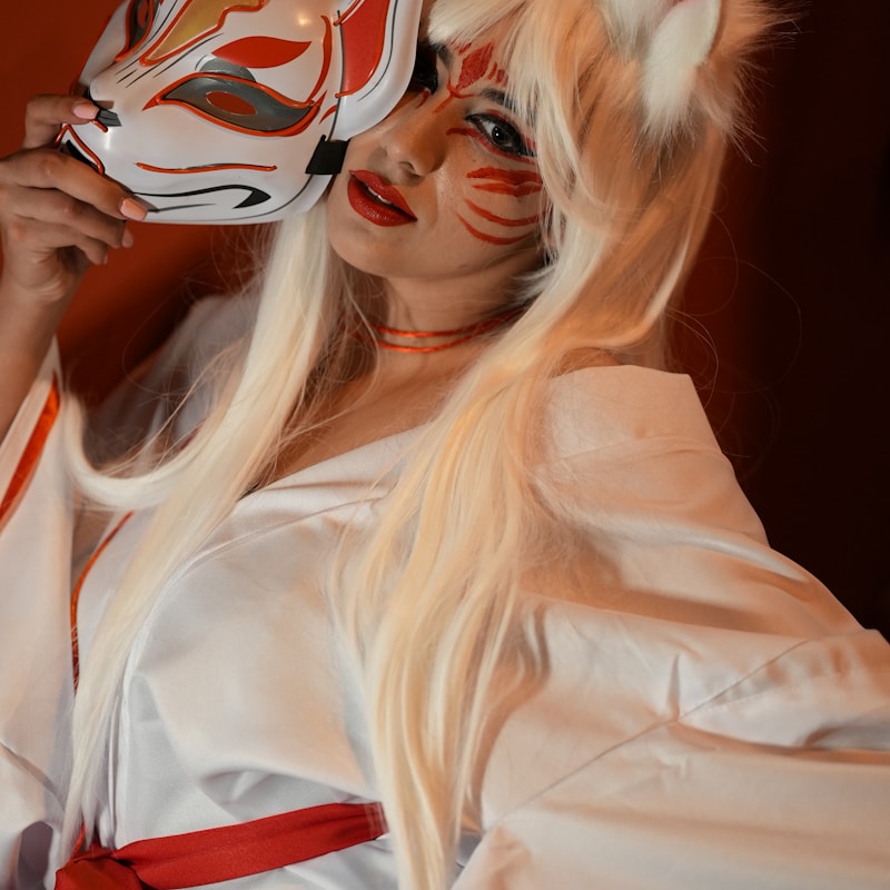 A woman in a white outfit with a decorative mask — furry fandom expression