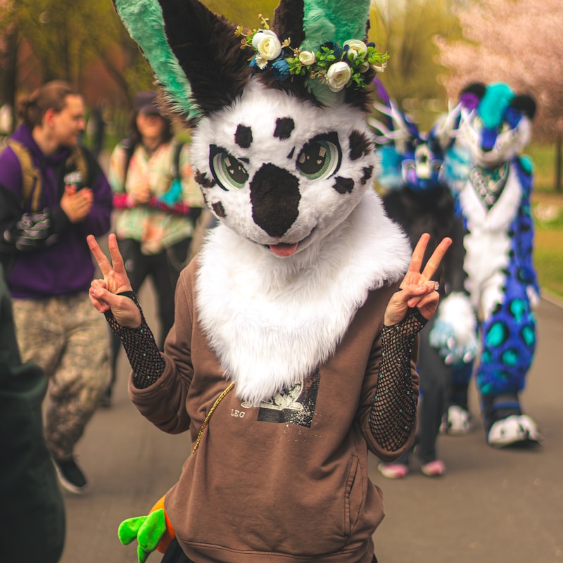 Person in a furry costume wearing a flower crown — furry fandom community